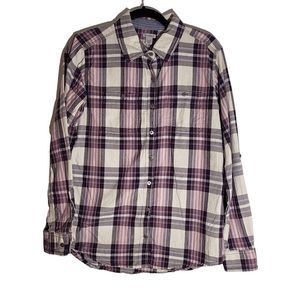 Sleeve Purple Plaid Shirt Pockets Women's S